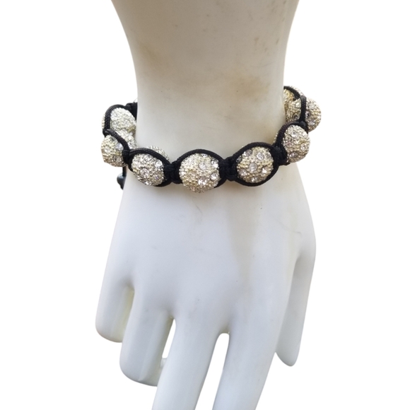 Vintage Jewelry - BLACK CORD & SWAROVSKI CRYSTAL BALLS ADJUSTABLE SHAMBALLA STYLE BRACELET